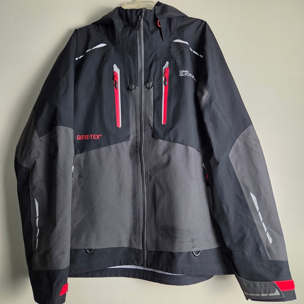 Cabelas Guidewear Gore-Tex Fishing Jacket Mens XL Black Gray Waterproof Shell